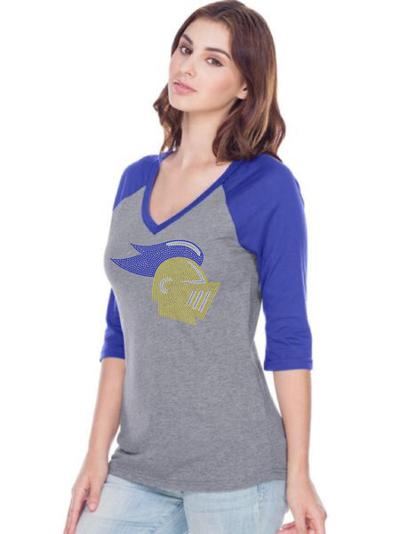 Women Sheer Jersey Cntrst V Neck Raglan 3/4 Sleeve-k