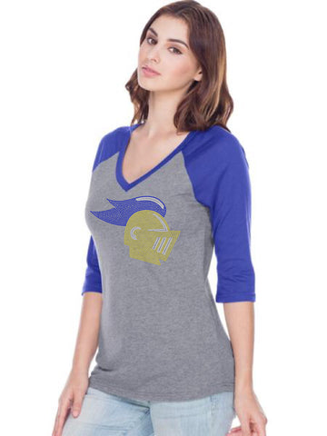 Women Sheer Jersey Cntrst V Neck Raglan 3/4 Sleeve-k