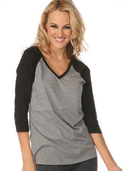 Women Sheer Jersey Cntrst V Neck Raglan 3/4 Sleeve