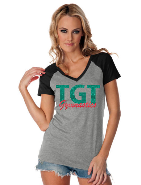 Womens Jersey Contrast V Neck Raglan Short Sleeve Tee-TGT
