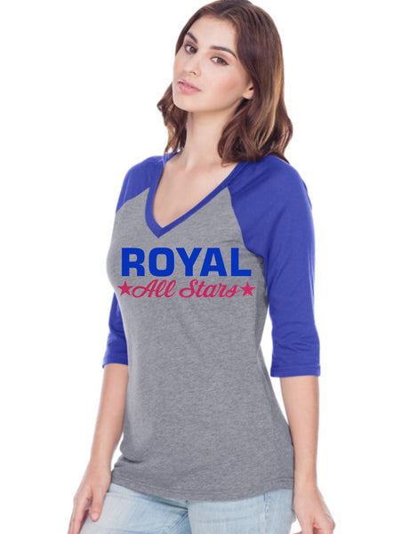 Women Jersey Cntrst V Neck Raglan 3/4 sleeve-royal