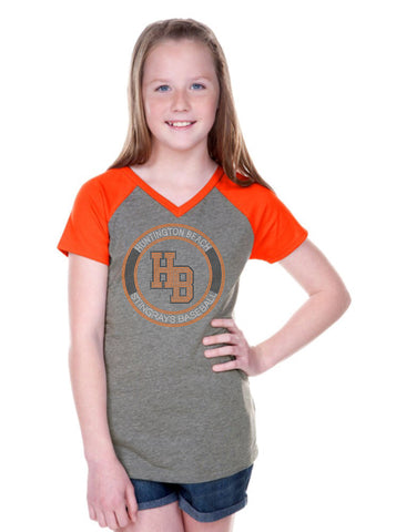 Girls 8-16 Jersey Contrast V Neck Raglan Short Sleeve Tee-HBS