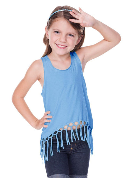 Little Girls Jersey Scoop Neck Macrame Fringe Asymmetrical Tank-sc