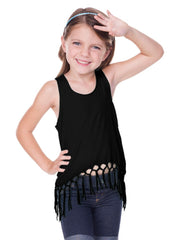 Little Girls Jersey Scoop Neck Macrame Fringe Asymmetrical Tank-H