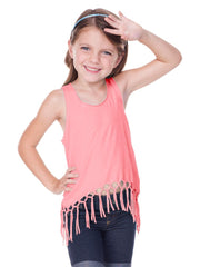 Little Girls Jersey Scoop Neck Macrame Fringe Asymmetrical Tank-H