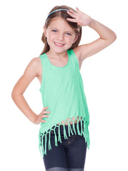 Little Girls Jersey Scoop Neck Macrame Fringe Asymmetrical Tank-H