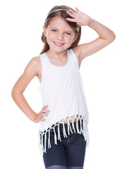 Little Girls Jersey Scoop Neck Macrame Fringe Asymmetrical Tank-sc