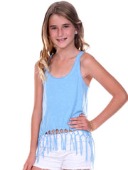 Big Girls Jersey Scoop Neck Macrame Fringe Asymmetrical Tank-sm