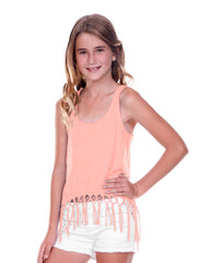 Big Girls Jersey Scoop Neck Macrame Fringe Asymmetrical Tank-sm