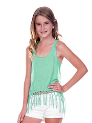Big Girls Jersey Scoop Neck Macrame Fringe Asymmetrical Tank-sm