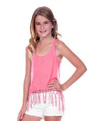 Big Girls Jersey Scoop Neck Macrame Fringe Asymmetrical Tank-H