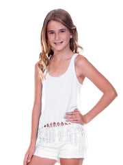 Big Girls Jersey Scoop Neck Macrame Fringe Asymmetrical Tank-H