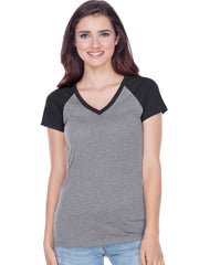Juniors Sheer Jersey Contrast V Neck Raglan Short Sleeve Tee-BBF
