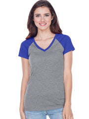 Juniors Sheer Jersey Contrast V Neck Raglan Short Sleeve Tee-BBF