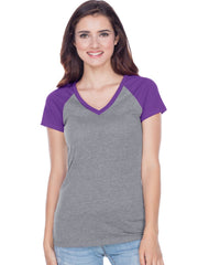 Juniors Sheer Jersey Contrast V Neck Raglan Short Sleeve Tee-BBF