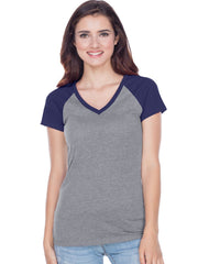 Juniors Sheer Jersey Contrast V Neck Raglan Short Sleeve Tee-BBF