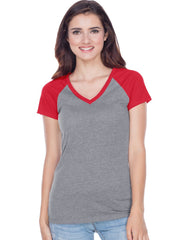 Juniors Sheer Jersey Contrast V Neck Raglan Short Sleeve Tee-BBF