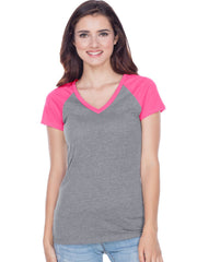 Juniors Sheer Jersey Contrast V Neck Raglan Short Sleeve Tee-BBF