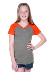 Girls 7-16 Sheer Jersey Contrast V Neck Raglan Short Sleeve-TOC