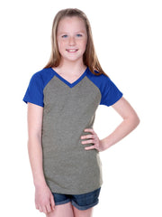 Girls 8-16 Jersey Contrast V Neck Raglan Short Sleeve Tee-SM