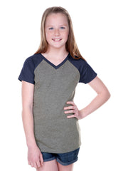 Girls 8-16 Jersey Contrast V Neck Raglan Short Sleeve Tee-SM