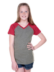 Girls 3-16 Jersey Contrast V Neck Short Sleeve Tee-OTSC