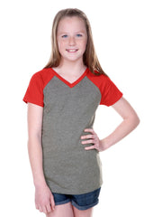 Girls 3-16 Jersey Contrast V Neck Short Sleeve Tee-PEG