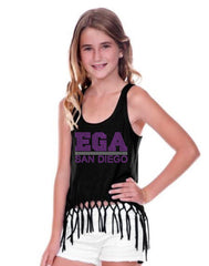 Girls 7-16 Sheer Jersey Scoop Neck Macrame Fringe Asymmetrical Tank