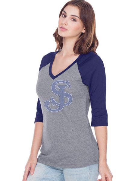 Women Sheer Jersey Cntrst V Neck Raglan 3/4 Sleeve