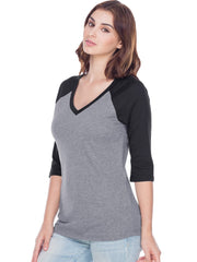 Women Sheer Jersey Cntrst V Neck Raglan 3/4 Sleeve