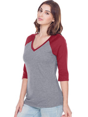 Women Sheer Jersey Cntrst V Neck Raglan 3/4 Sleeve