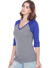 Women Sheer Jersey Cntrst V Neck Raglan 3/4 Sleeve