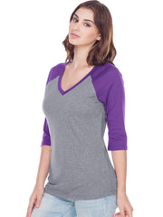 Women Sheer Jersey Cntrst V Neck Raglan 3/4 Sleeve
