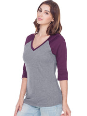 Women Sheer Jersey Cntrst V Neck Raglan 3/4 Sleeve