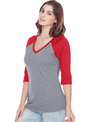 Women Sheer Jersey Cntrst V Neck Raglan 3/4 Sleeve