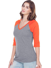 Women Sheer Jersey Cntrst V Neck Raglan 3/4 Sleeve