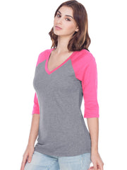 Women Sheer Jersey Cntrst V Neck Raglan 3/4 Sleeve
