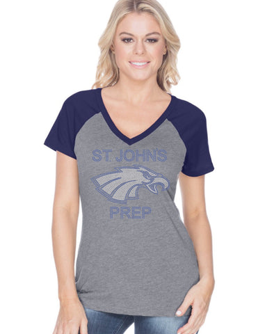 Womens Jersey Contrast V Neck Raglan Short Sleeve Tee-sjp