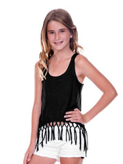 Girls 7-16 Sheer Jersey Scoop Neck Macrame Fringe Asymmetrical Tank-sm