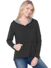 Women French Terry Raw Edge High-Low Long Sleeve Lined Hoodie-