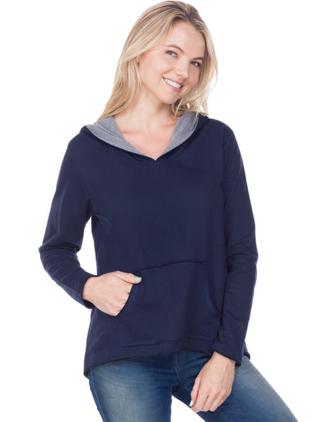 Women French Terry Raw Edge High-Low Long Sleeve Lined Hoodie-rumble