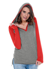 Women Jersey V-Neck Raglan High-Low Long Sleeve Hoodie