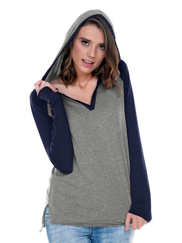 Women Jersey V-Neck Raglan High-Low Long Sleeve Hoodie