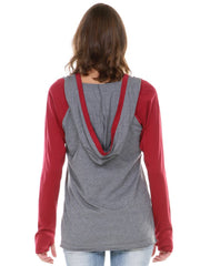 Women Jersey V-Neck Raglan High-Low Long Sleeve Hoodie