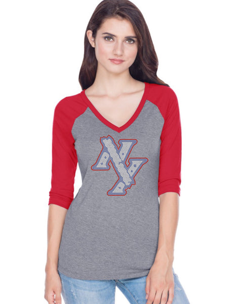 Women Sheer Jersey Cntrst V Neck Raglan 3/4 Sleeve