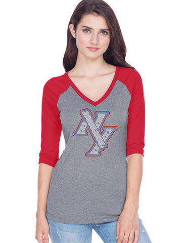 Women Sheer Jersey Cntrst V Neck Raglan 3/4 Sleeve