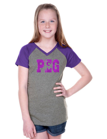 Girls 3-16 Jersey Contrast V Neck Short Sleeve Tee-PEG
